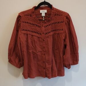 Cottage Boho Prairie Resort Calypso St. Barth Terracotta Rust Blouse Medium NWT